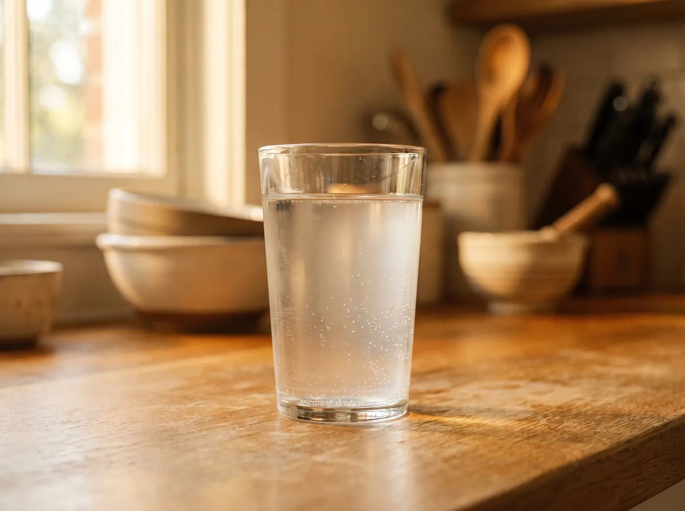 The same drinking glass straight from the tap and after the Sentry H2O Wellness System, on a warm kitchen counter in golden light